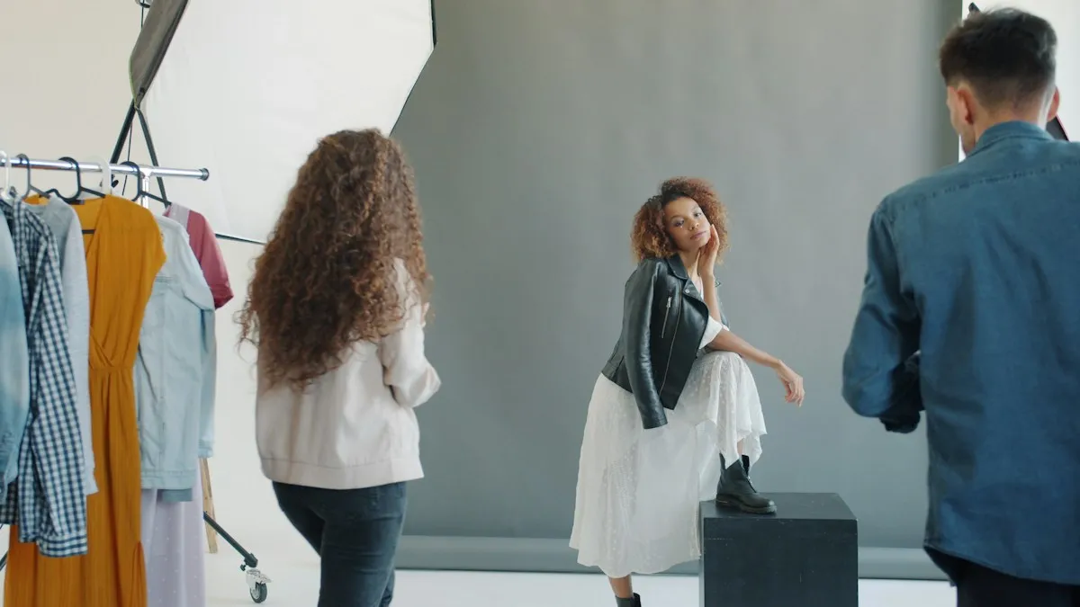 Model, photographer and stylist on set